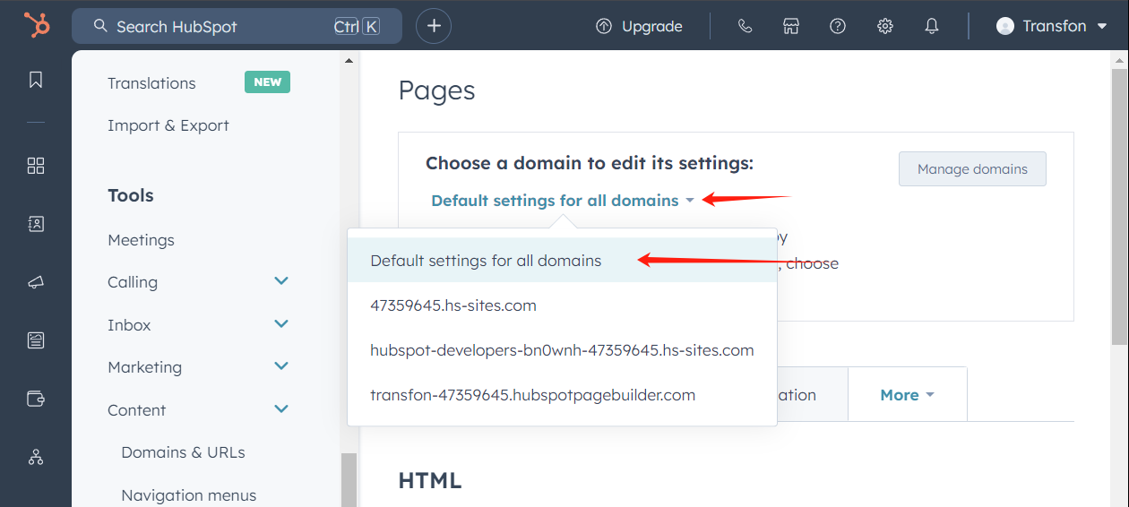 Hubspot Domain Settings