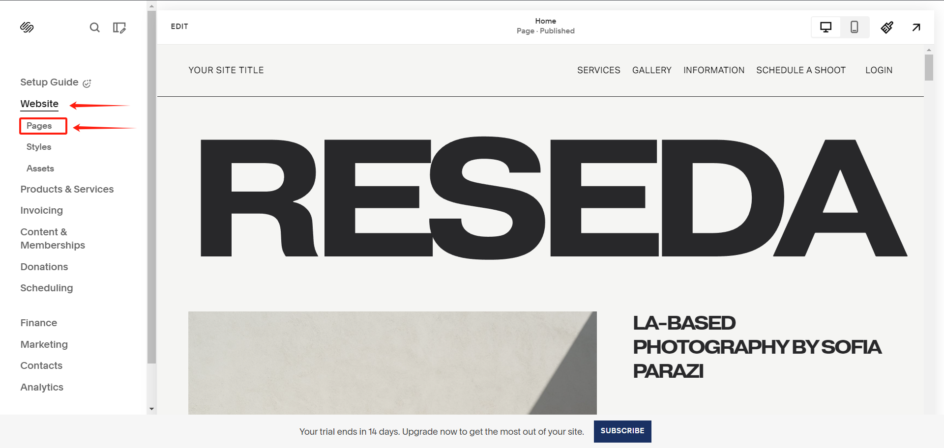 Squarespace edit home page